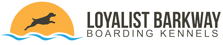 Logo: a dog leaping over blue waves with a yellow sun, beside the text LOYALIST BARKWAY BOARDING KENNELS.
